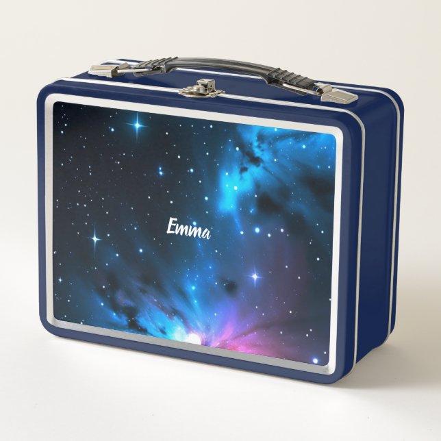 Cool Celestial Swirls of Stars Custom Name Script Metal Lunch Box (Front)