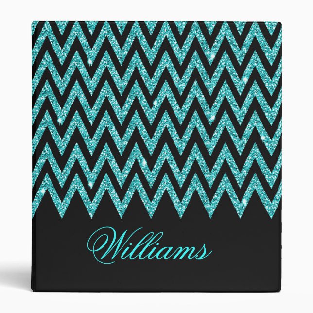 Cool chevron zigzag peacock blue  faux glitter binder (Front)