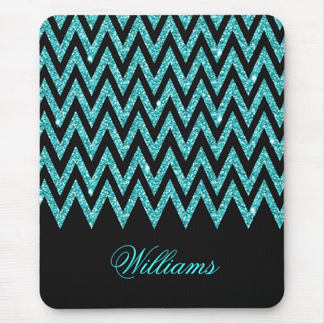 Cool chevron zigzag peacock blue  faux glitter mouse pad (Front)