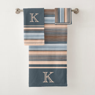Cool Chic Brown Slate Blue Grey Stripes Custom Bath Towel Set