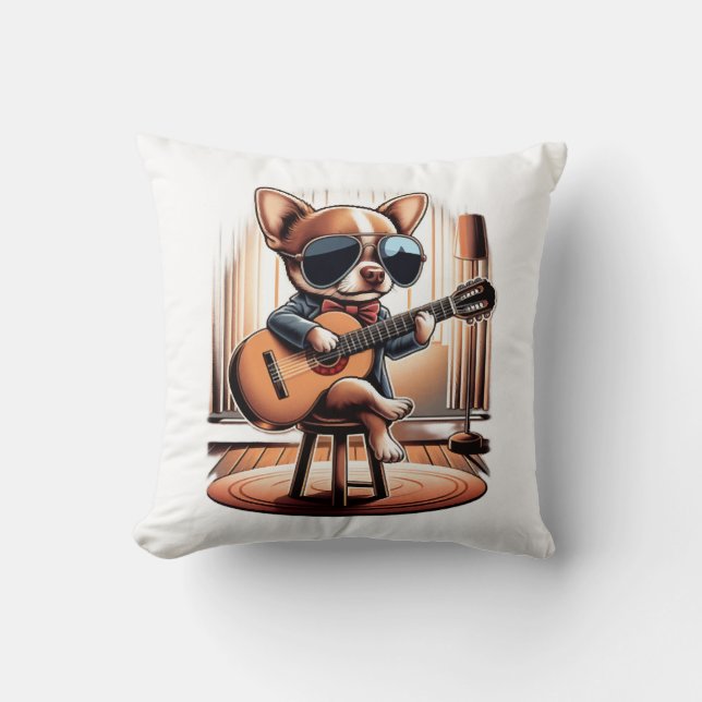 Cool Chihuahua Playing Guitar Throw Pillow (Front)
