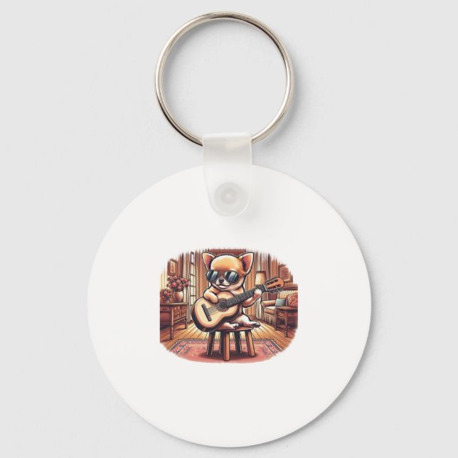 Cool Chihuahua Plays Classical Guitar Keychain (Front)