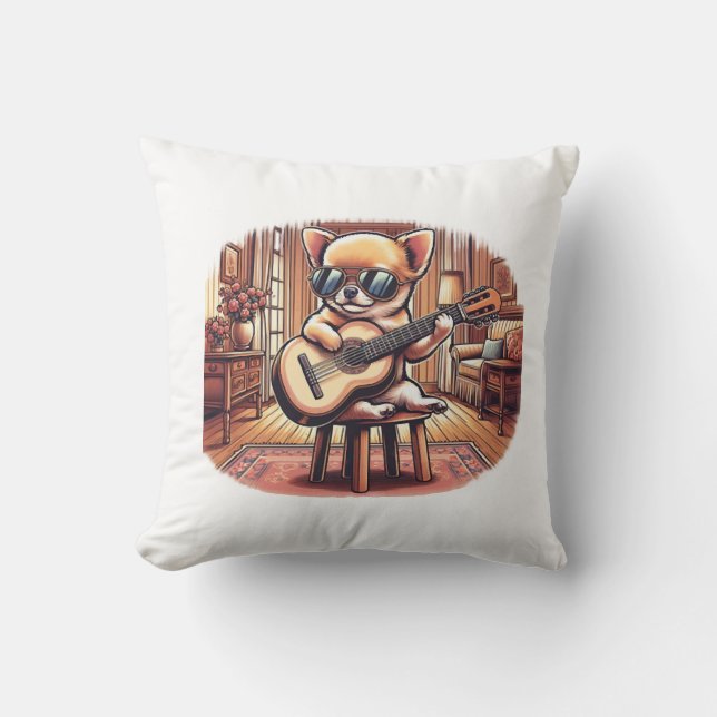 Cool Chihuahua Plays Classical Guitar Throw Pillow (Front)