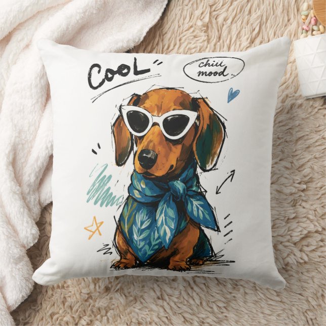 Cool Chill Mood Dachshund with Sunglasses Throw Pillow (Blanket)