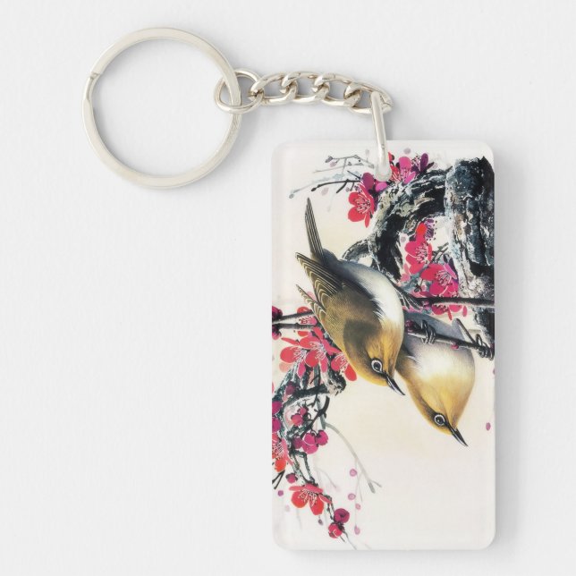 Cool chinese beautiful brown bird red cherry tree keychain (Front)