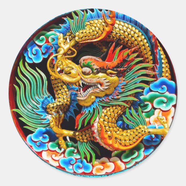 Cool chinese colourful dragon lotus flower art classic round sticker (Front)