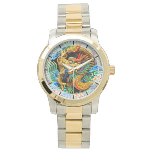 Cool chinese colourful dragon lotus flower art watch