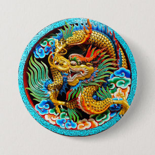 Cool chinese colourful dragon paint lotus flower 3 inch round button