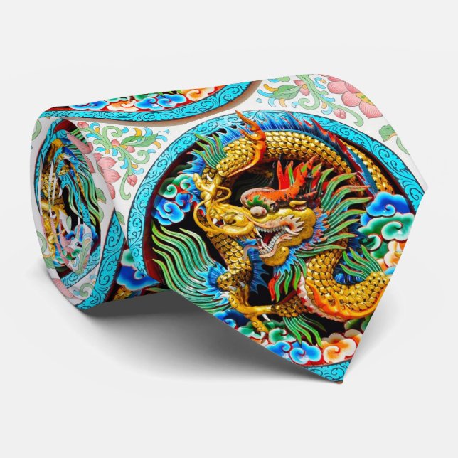 Cool chinese colourful dragon paint lotus flower tie (Rolled)