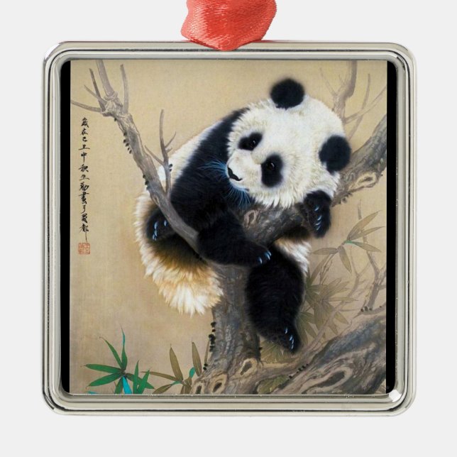 Cool chinese cute sweet fluffy panda bear tree art metal ornament (Front)
