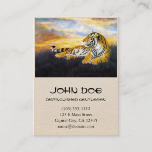 Cool chinese fluffy tiger rest sunset meadow art business card