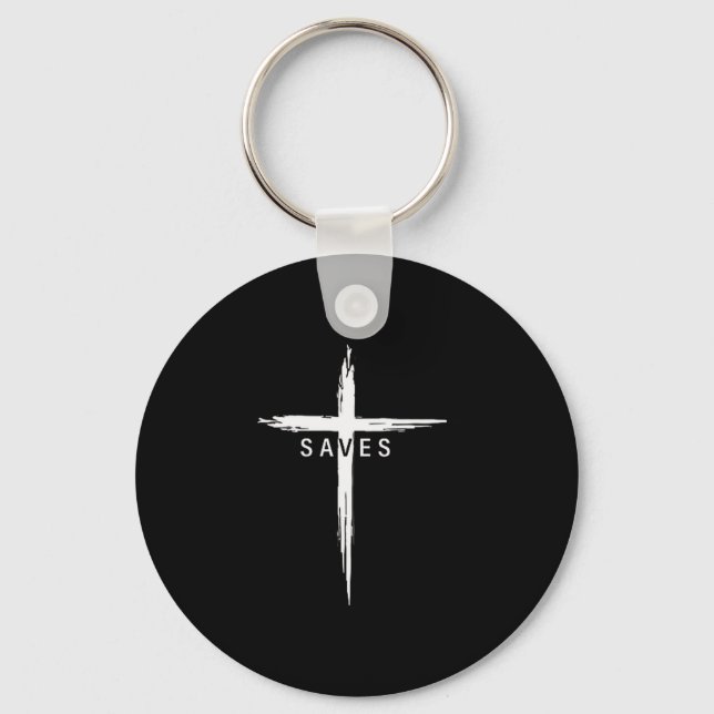 Cool Christian Cross Jesus Saves Men Women Graphic Keychain (Front)