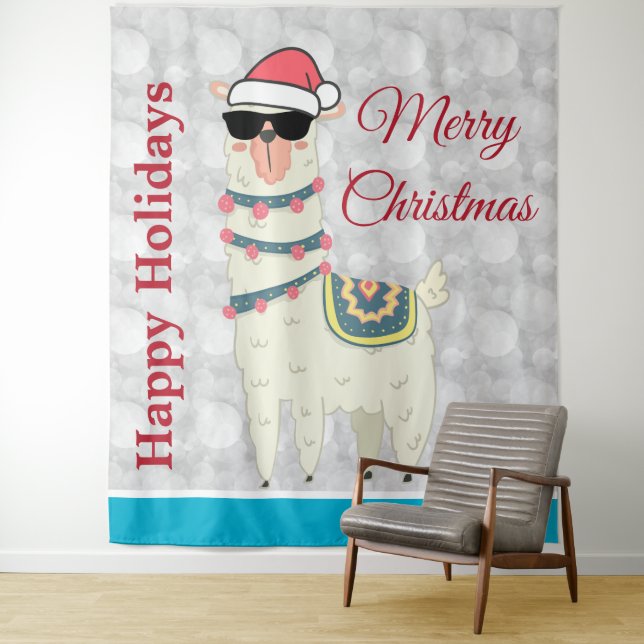 Cool Christmas llama in Santa Hat and Sunglasses Tapestry (In Situ)