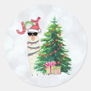 Cool Christmas Llama   Joy Typography   Bokeh Back Classic Round Sticker