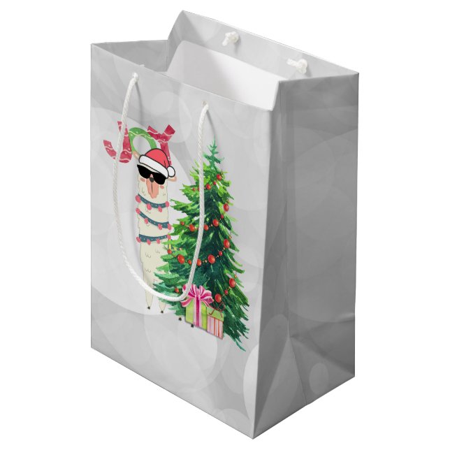 Cool Christmas Llama | Joy Typography | Bokeh Back Medium Gift Bag (Front Angled)
