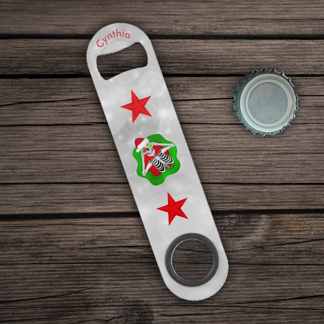 Cool Christmas Skeleton Red Stars Ornaments Circle Bar Key (Christmas skeleton in 3d splatter shape red stars on white circles bartender bottle opener.)