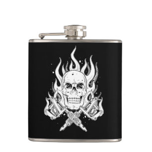 Cool classic black white tattoo skull flame tool hip flask