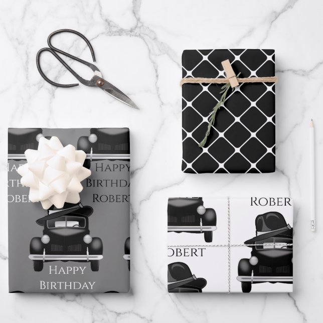 Cool & Classic Car Personalized Wrapping Paper Sheet (Front)
