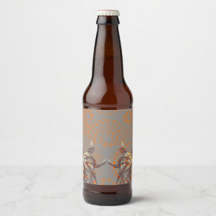 Cool collage of sculptures and orange circles beer bottle label