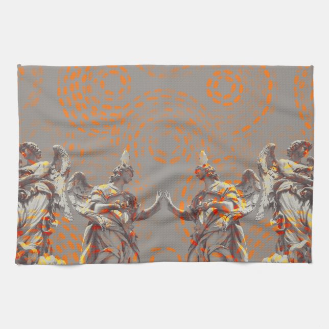Cool collage of sculptures and orange circles kitchen towel (Horizontal)