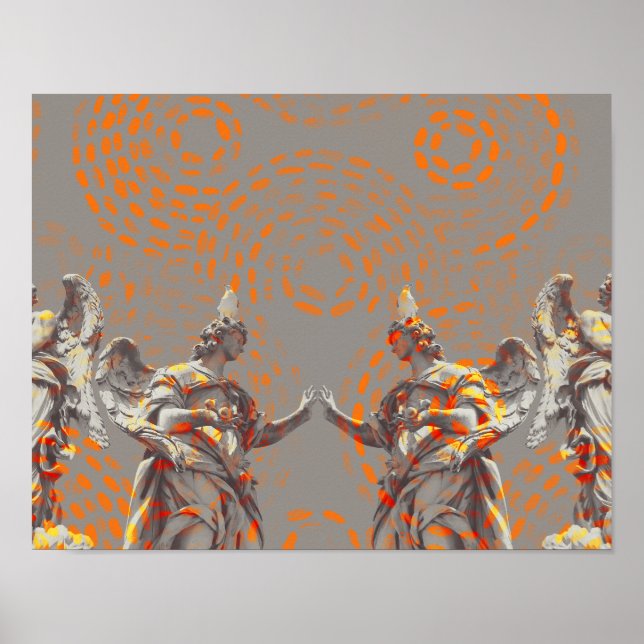 Cool collage of sculptures and orange circles poster (Front)