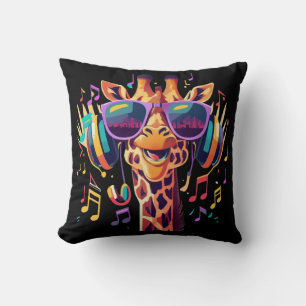 Cool Colorful Party Giraffe with Headphones  Throw Pillow