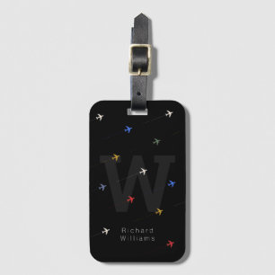 cool colour airplanes on monogrammed black luggage tag
