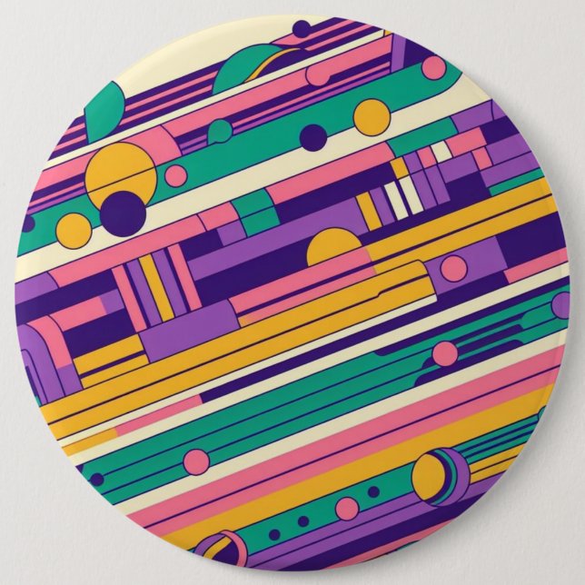 Cool, colourful 80s/90s retro designed 6 inch round button (Front)