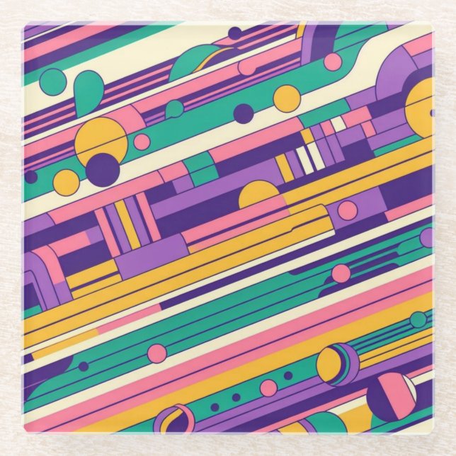 Cool, colourful 80s/90s retro designed glass coaster (Front)