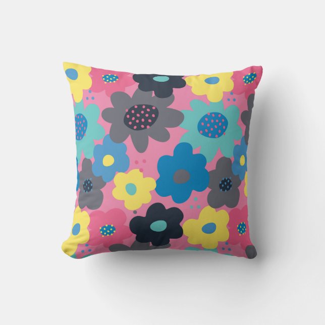 Cool Colourful Abstract 60s Hippie Floral Pattern Throw Pillow (Front)