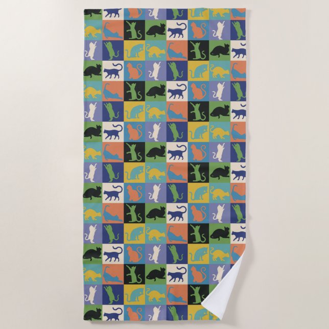 Cool Colourful Cat Silhouettes in Quilt Squares Beach Towel (Front)