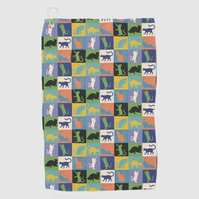 Cool Colourful Cat Silhouettes in Quilt Squares  Golf Towel (Front)