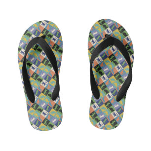 Cool Colourful Cat Silhouettes in Quilt Squares Kid's Flip Flops