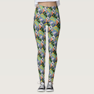 Cool Colourful Cat Silhouettes in Quilt Squares Leggings