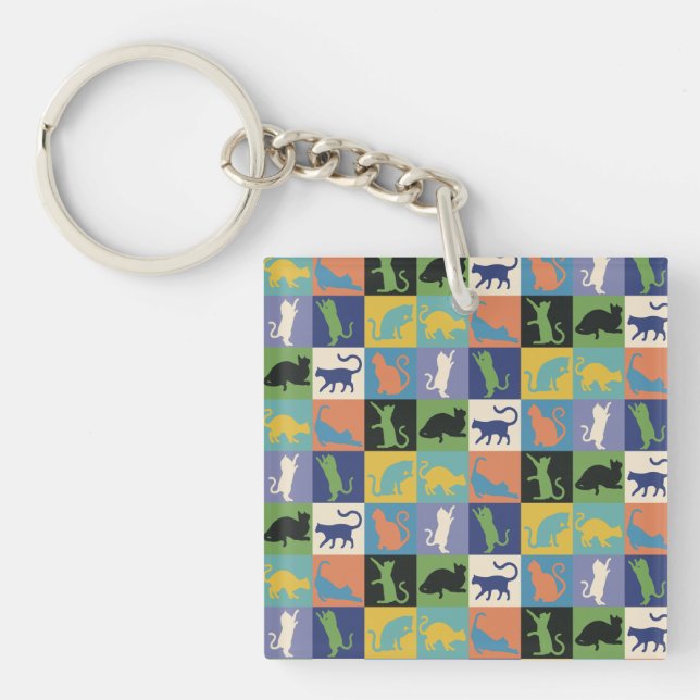 Cool Colourful Cats in Quilt Squares Keychain (Front)