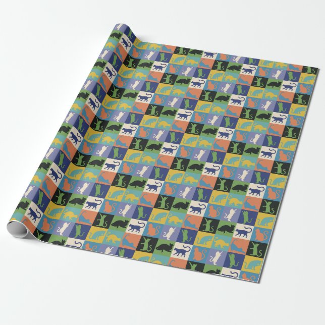 Cool Colourful Cats in Quilt Squares Wrapping Paper (Unrolled)