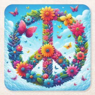 Cool & Colourful Floral Peace Sign with Butterfly Square Paper Coaster