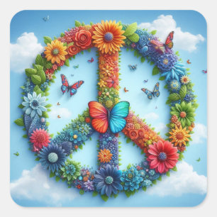 Cool & Colourful Floral Peace Sign with Butterfly Square Sticker