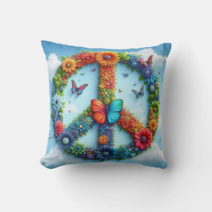 Cool & Colourful Floral Peace Sign with Butterfly Throw Pillow