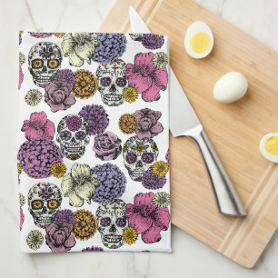 Cool & Colourful Floral Sugar Skulls Design Kitchen Towel