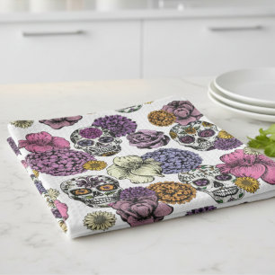 Cool & Colourful Floral Sugar Skulls Design Kitchen Towel
