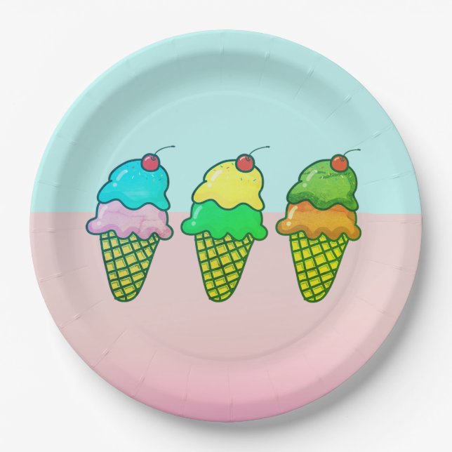 Cool Colourful Ice Cream Cones - Personalized Paper Plate (Front)