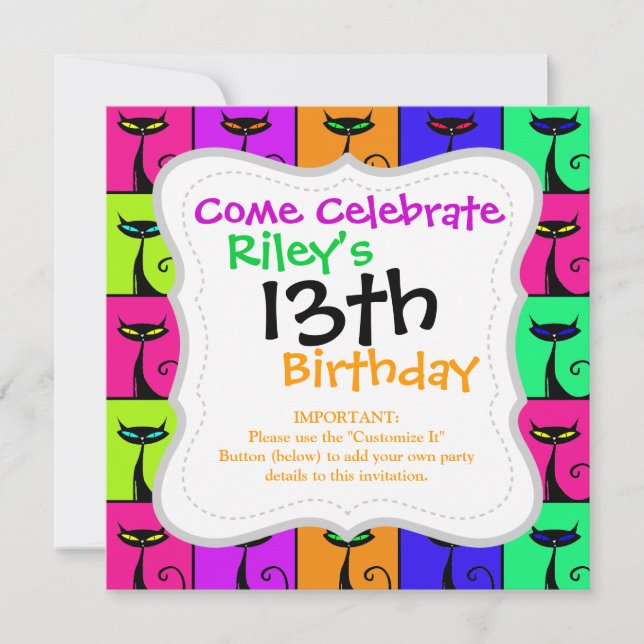 Cool Colourful Kitty Cat Pop Art Invitation (Front)