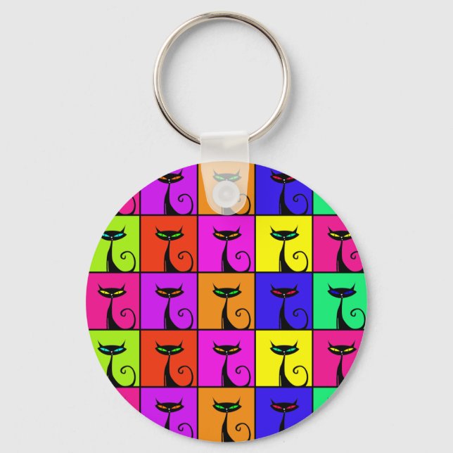 Cool Colourful Kitty Cat Pop Art Keychain (Front)