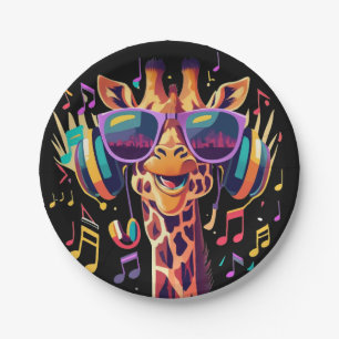 Cool Colourful Party Giraffe with Headphones Paper Plate