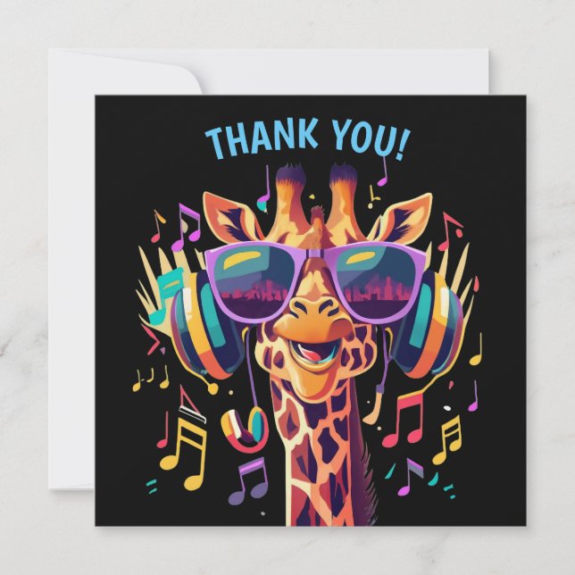 Cool Colourful Party Giraffe with Headphones  Thank You Card (Front)