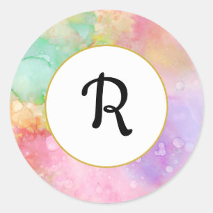 Cool Colourful Pastel Abstract Watercolor Monogram Classic Round Sticker