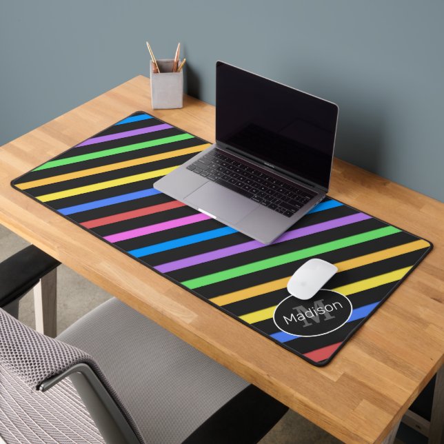 Cool colourful retro stripes geometric Monogram Desk Mat (Office 2)