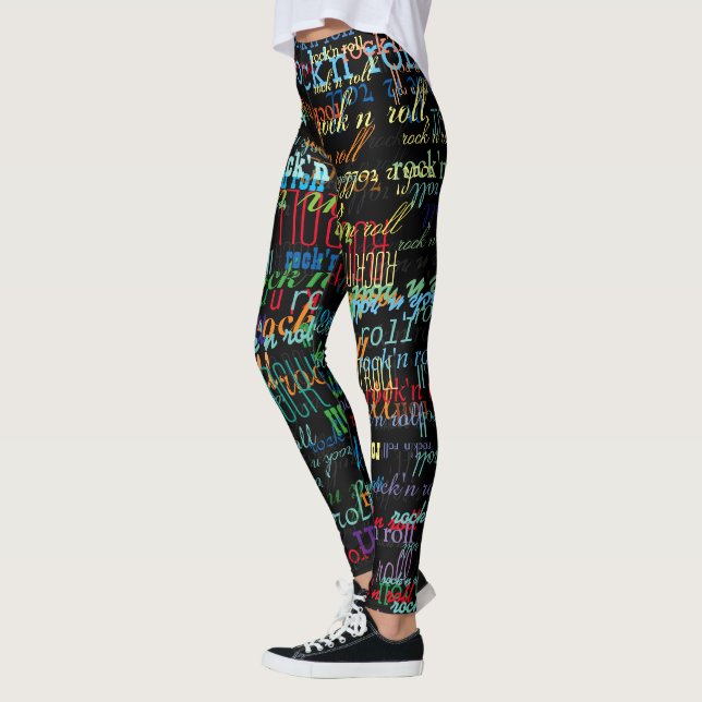 cool & colourful rock & roll pattern black leggings (Left)