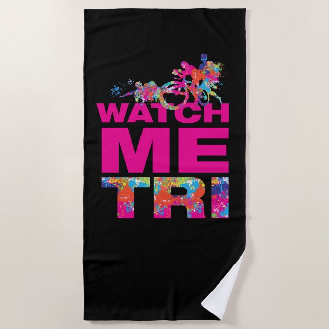 Cool Colourful Triathlon Motivational Words Black  Beach Towel (Front)